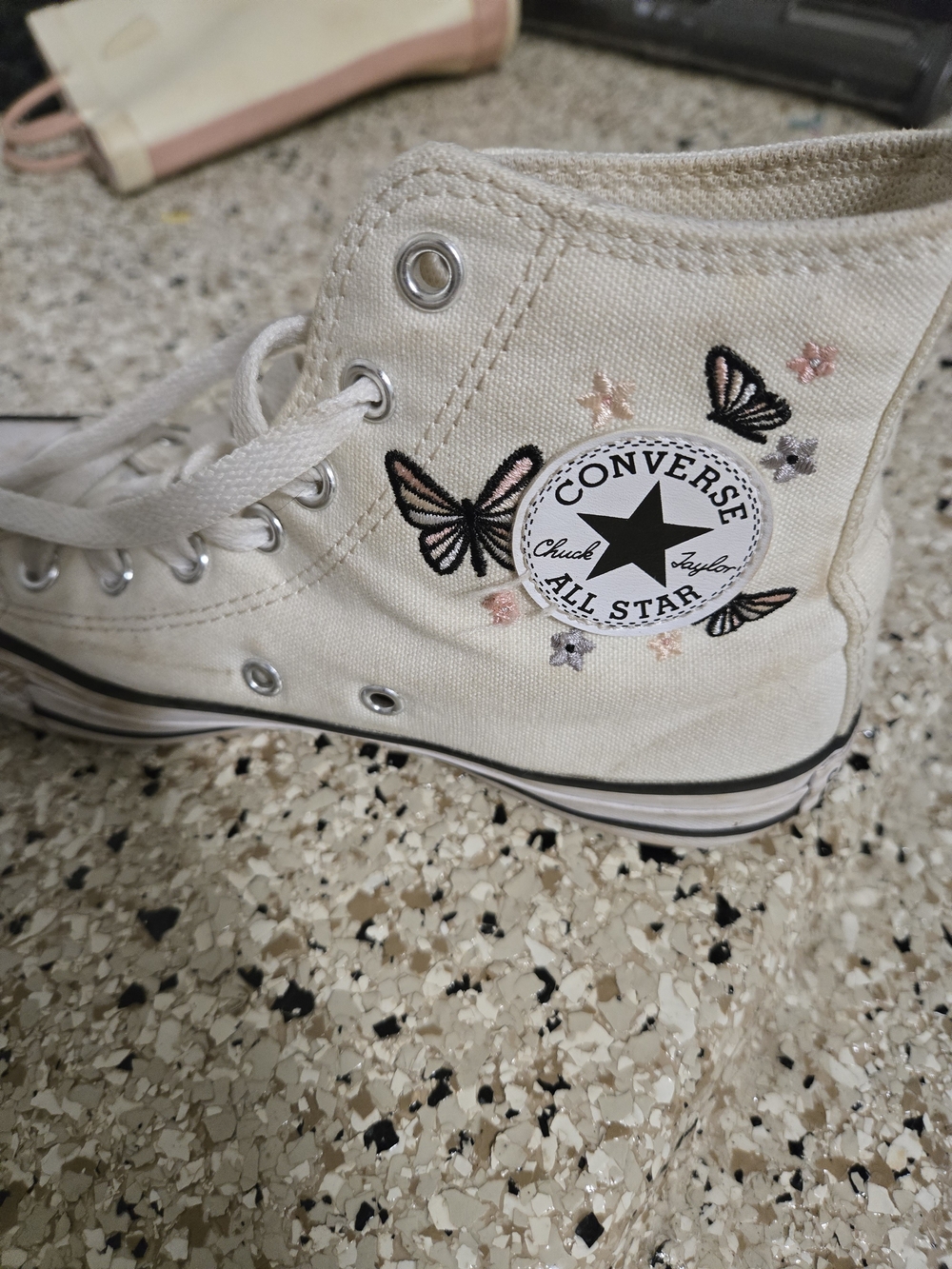 Girls Converse Chuck Taylor High Top Sneakers - Cream with Butterfly Embroidery